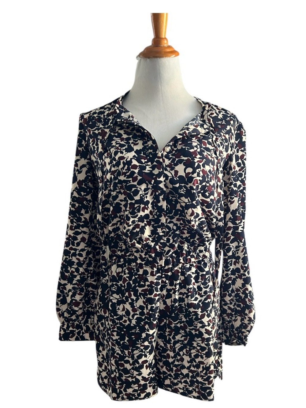 LOFT Printed V-Neck romper in Black, Cream & Burgundy